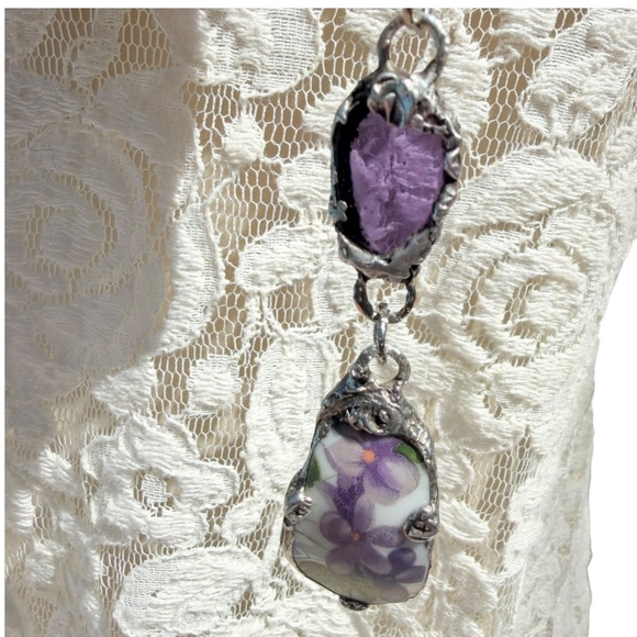 Violets Broken China & Sea Glass Artisan Silver-Blend Metalwork Bezel Pendant - Picture 12 of 16